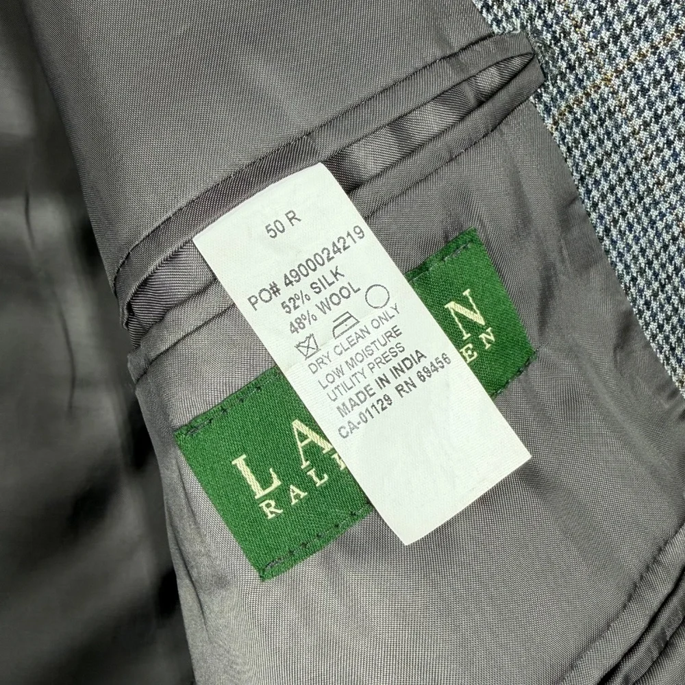 Lauren Ralph Lauren Silk Wool Blazer 50R Grey Houndstooth Tailored Sport Coat‎